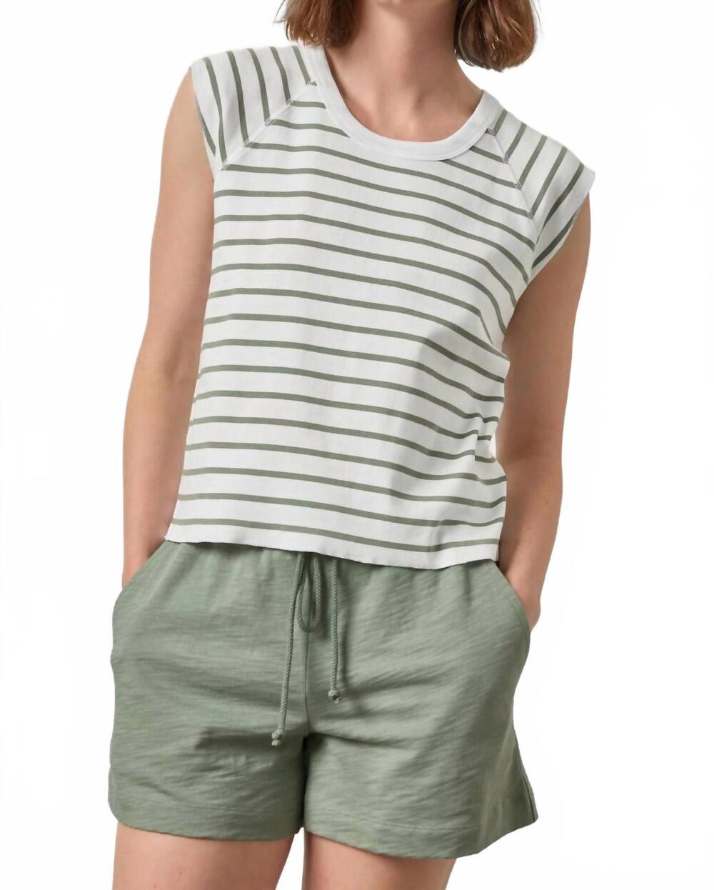 NEW LILLA P rib short sleeve scoop neck tee in sage stripe